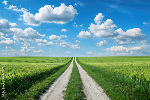 Rural road in the green wheat field with blue sky and white clouds background 