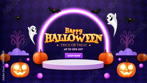 Spooky Halloween podium sale promotion poster template with pumpkins, cute ghosts and bats. Perfect for website or banner use. Vector illustration, EPS 10.