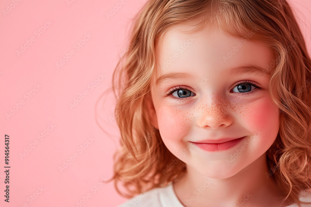 Smiling child with blue eyes, freckles, and curly hair against a pink background Smiling child with blue eyes, freckles, and curly hair against a pink background