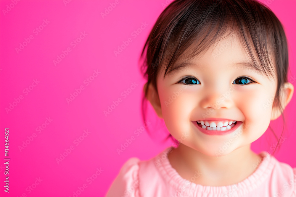 Smiling child with dark hair and bright eyes against a pink background