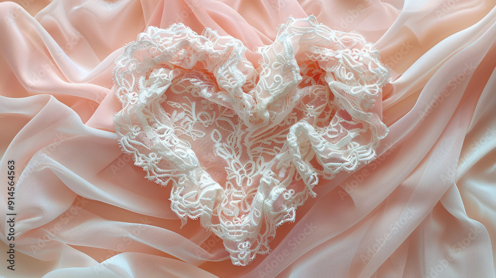 Lace heart on soft pink fabric background Lace heart on soft pink fabric background