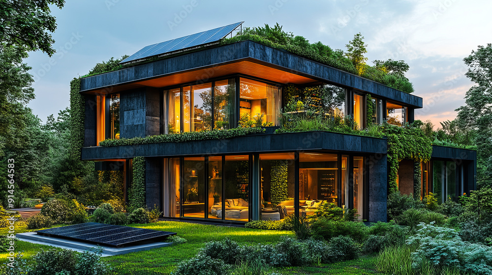 Modern eco-friendly building set in a green environment, symbolizing the integration of sustainable architecture and nature for an eco-conscious lifestyle