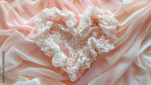 Lace heart on soft pink fabric background