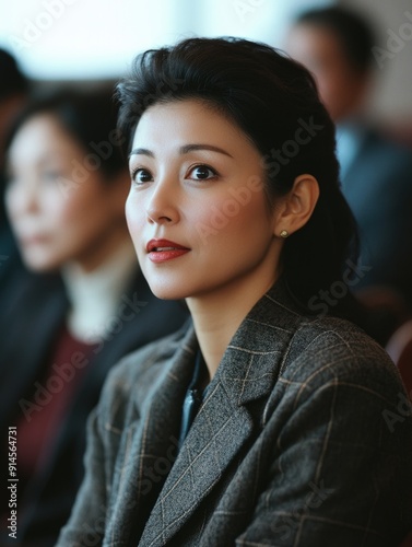 A woman sits among others, possibly speaking or presenting