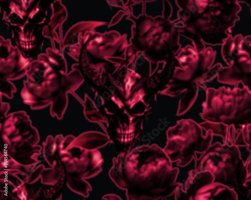 Gothic style seamless pattern with soft blurry peony buds and demon skull head. Halloween themed graphic print for clothing, fabric, wallpaper, home decor, wrapping pape