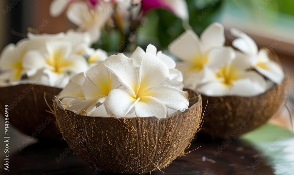 Closeup of white Hawaiian Plumaria tropical flowers arranged on coconut shells at a wedding