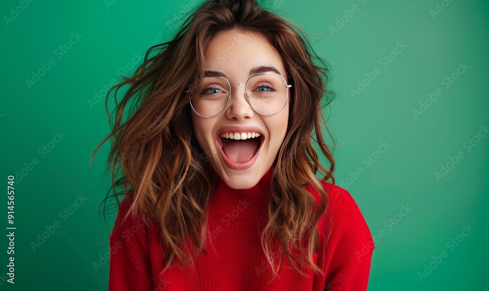 Photo of gorgeous stunning cheerful cute girl open mouth woman wear red trendy clothes isolated on green color background Photo of gorgeous stunning cheerful cute girl open mouth woman wear red trendy clothes isolated on green color background