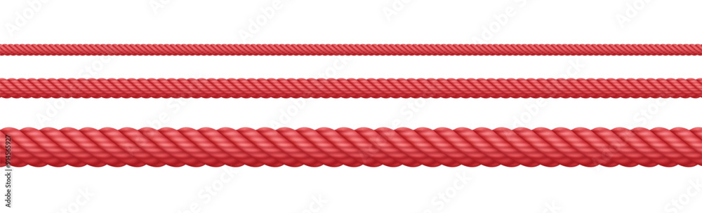 Red rope string, realistic jute cord, hemp twisted rope isolated on white background. Vector illustration.