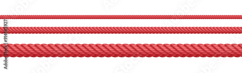Obraz na płótnie Red rope string, realistic jute cord, hemp twisted rope isolated on white background. Vector illustration. w salonie