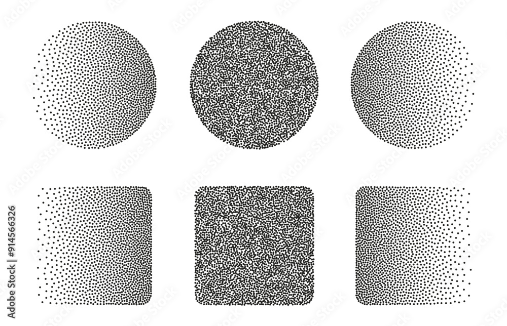 Dotwork abstract shapes, circle and square in black grain texture, Stipple sand effect, gradient figures from dots. Vector illustration.