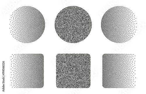Obraz na płótnie Dotwork abstract shapes, circle and square in black grain texture, Stipple sand effect, gradient figures from dots. Vector illustration. w salonie