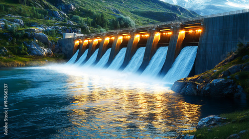 Beautiful iew of Hydroelectric dam generating renewable energy by harnessing the power of flowing water, demonstrating eco-friendly power generation methods photo