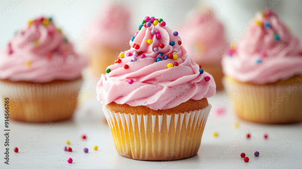 A delicious cupcake adorned with pink icing and colorful rainbow sprinkles shown in close-up, representing a joyous and delightful treat ideal for festive occasions. A delicious cupcake adorned with pink icing and colorful rainbow sprinkles shown in close-up, representing a joyous and delightful treat ideal for festive occasions.