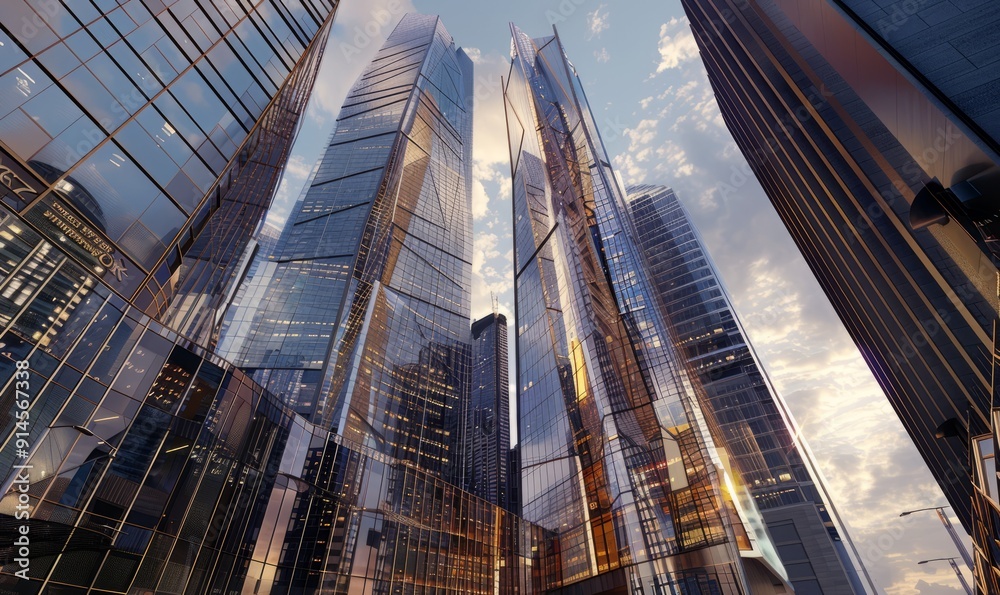 Dynamic financial hub with sleek glass facades and towering heights Dynamic financial hub with sleek glass facades and towering heights