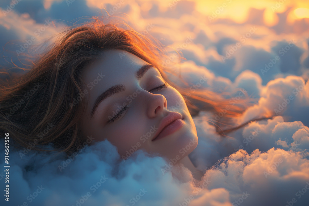 A Beautiful Woman Sleeping on a Cloud Above a Tranquil Landscape at Sunset. A Beautiful Woman Sleeping on a Cloud Above a Tranquil Landscape at Sunset.