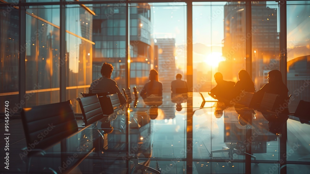 Silhouettes of People in a Modern Office with a Sunset View Silhouettes of People in a Modern Office with a Sunset View