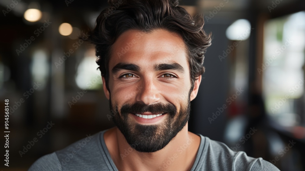 Close up portrait of man at gym looking at camera with blurred background in focus Close up portrait of man at gym looking at camera with blurred background in focus