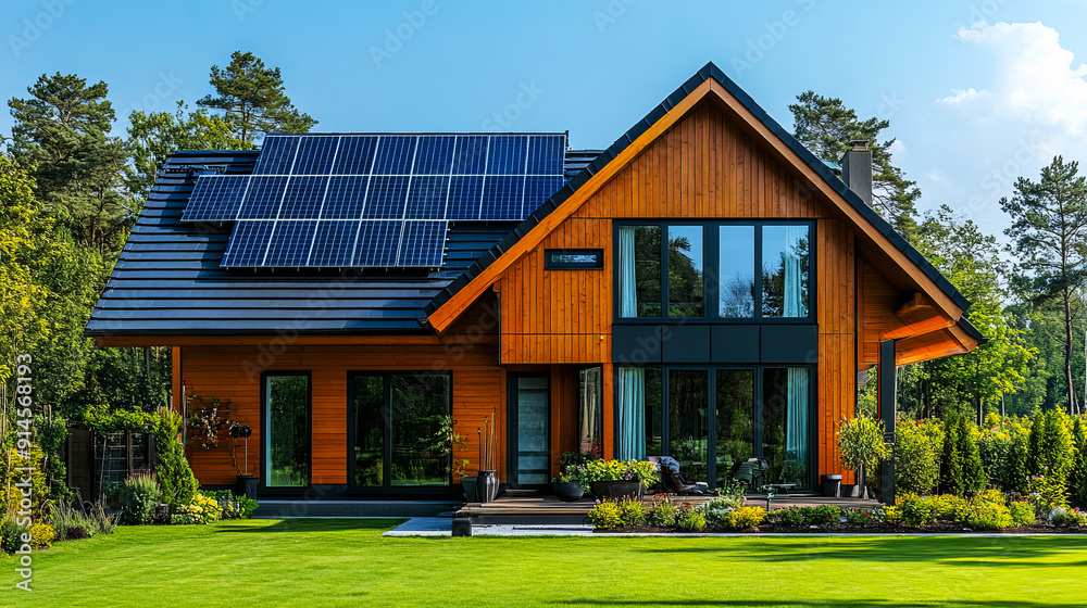 Modern house equipped with solar panels, showcasing sustainable living through renewable energy use and eco-friendly construction methods Modern house equipped with solar panels, showcasing sustainable living through renewable energy use and eco-friendly construction methods
