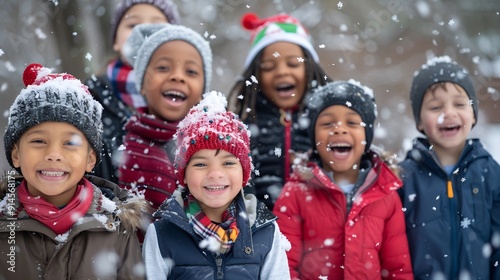 Photo of happy children from different ethnic groups celebrating Christmas in a snowy forest. ai-generated