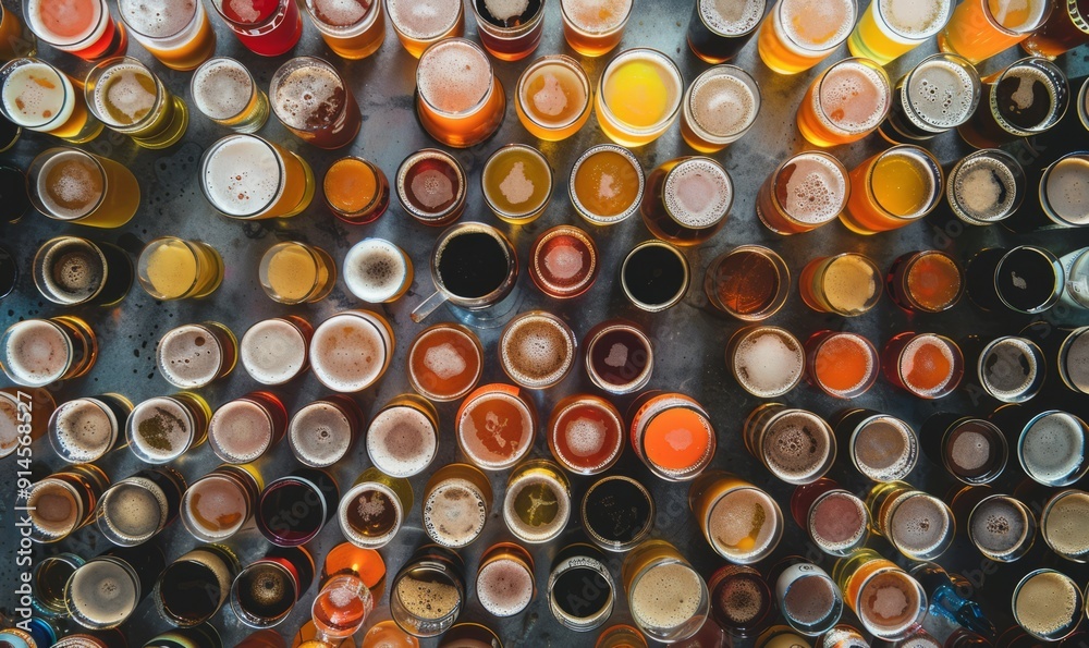 Overhead top down view of a collection of different glasses of beer ale and lager Overhead top down view of a collection of different glasses of beer ale and lager