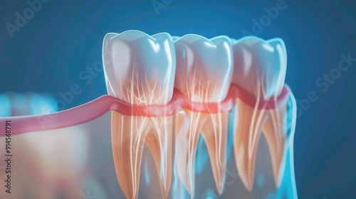 A close-up of a healthy human tooth with gum tissue and roots.