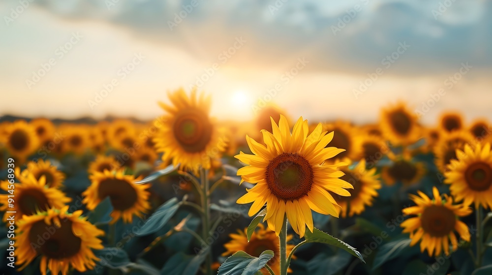 Radiant Sunflower Field at Sunrise with Golden Light Bathing the Blossoms