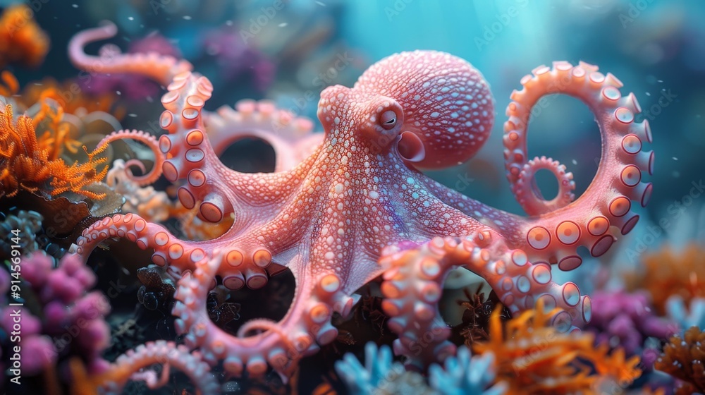 Fototapeta premium Octopus in vibrant coral reef - generative ai