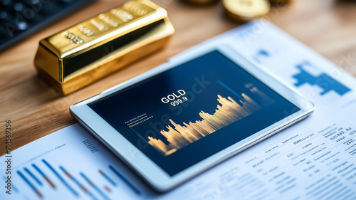 A close-up of a financial advisor’s desk with a gold bar, investment reports, and a digital tablet displaying gold market trends, representing the role of gold in financial planning.