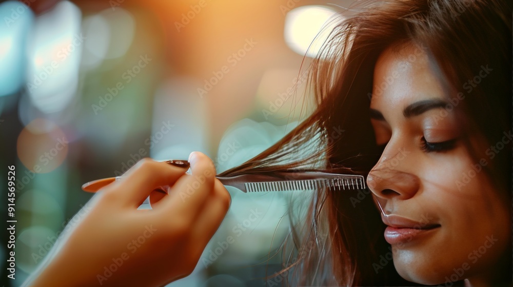 Obraz premium Close up of woman getting haircut in salon with blurred background, beauty salon scene