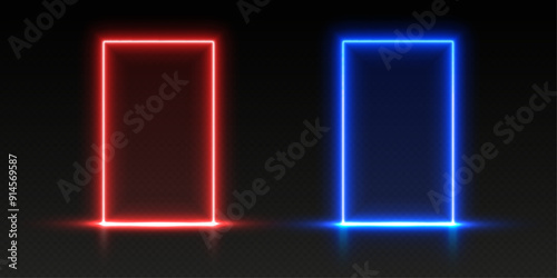 Obraz na płótnie Neon doors, red and blue glowing portals, futuristic gates, magic LED frames. VS versus battle entrance concept. Vector illustration. w salonie