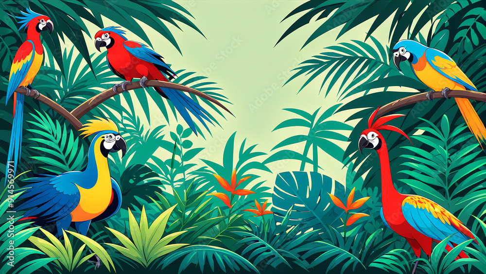 Fototapeta Vector vibrant jungle with exotic birds and plants. Anime clean style. Background design.