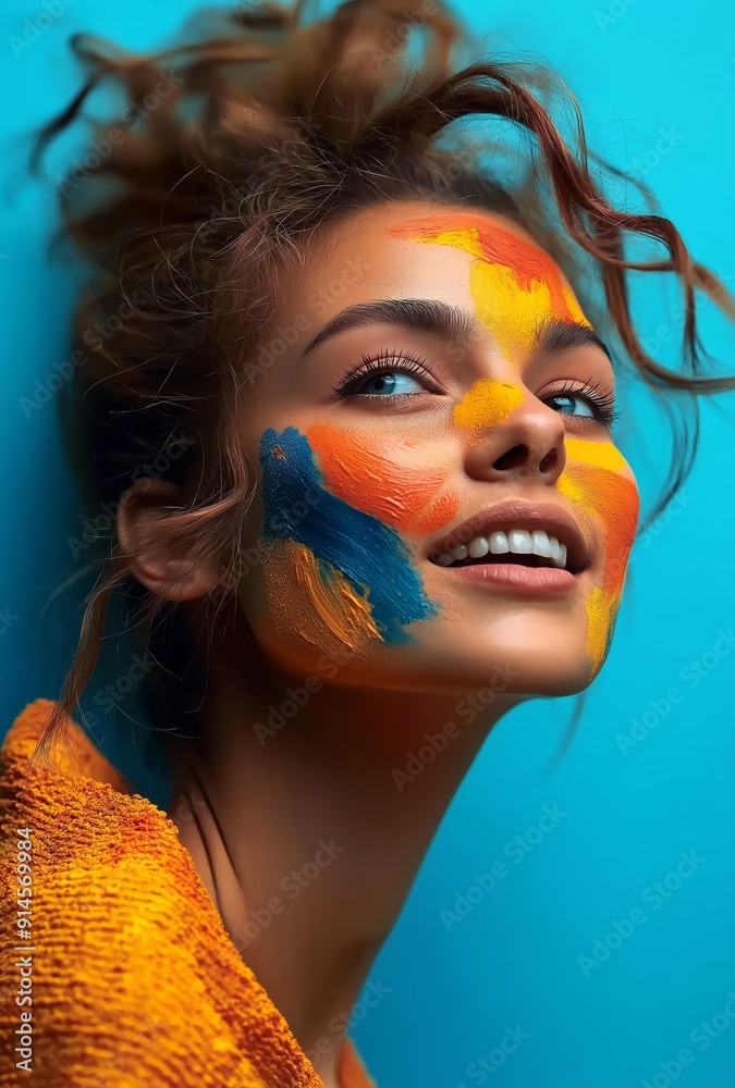 Smiling woman with colorful paint splattered on her face, creativity, joy, and the artistic spirit of self-expression Smiling woman with colorful paint splattered on her face, creativity, joy, and the artistic spirit of self-expression
