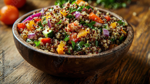 A vibrant quinoa salad filled with fresh vegetables including bell peppers, red onions, parsley, and cucumbers served in a rustic wooden bowl.