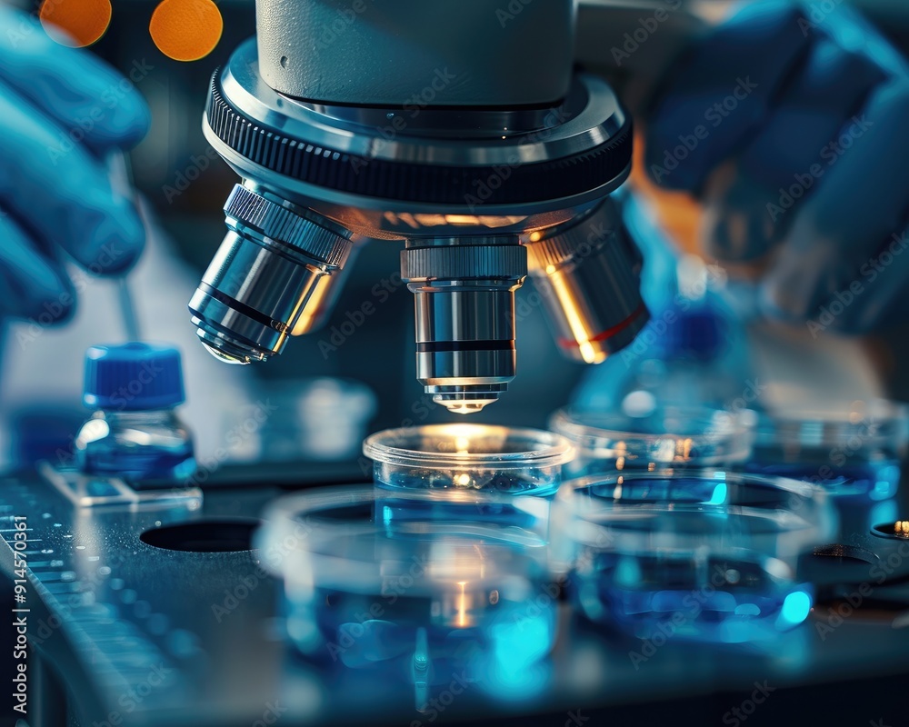 A close-up of a microscope lens focused on a petri dish with blue liquid, surrounded by other petri dishes. The image suggests scientific research and discovery. A close-up of a microscope lens focused on a petri dish with blue liquid, surrounded by other petri dishes. The image suggests scientific research and discovery.