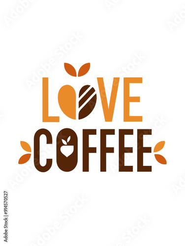 A logo the words LOVE COFFEE with the letters creatively incorporating coffee bean and leaf designs photo