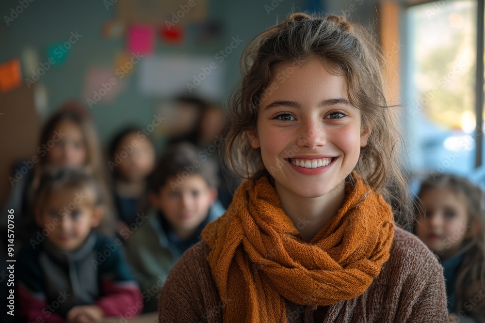 Portrait of smiling teacher in a class at school. Portrait of smiling teacher in a class at school.