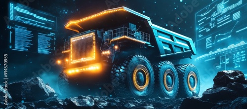 A futuristic big mining truck on a background of rocks and blue charts with data.
