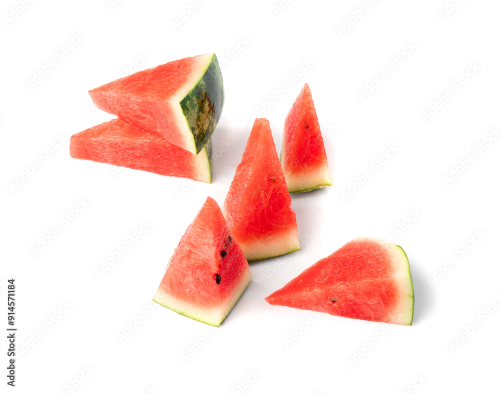 Watermelon pieces isolated. Water melon wedges pile, chopped Citrullus lanatus, red wassermelone cuts group