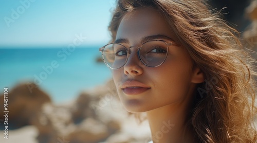 A woman wearing glasses is standing on a sunny beach, looking out at the ocean