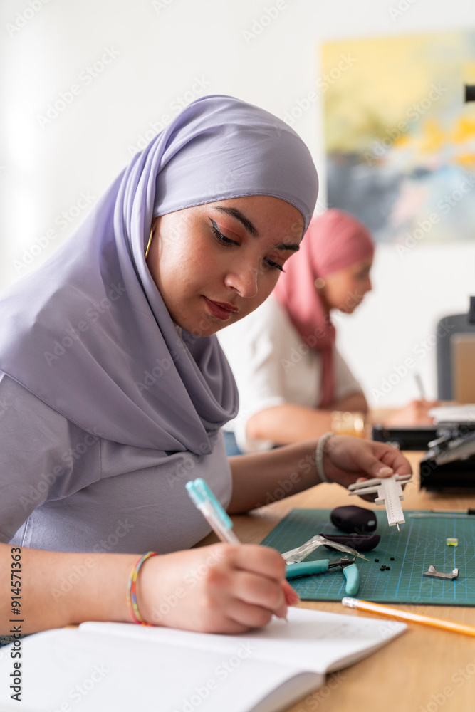 Two women in hijabs work in a 3D printing lab, one taking measurements while the other focuses on her laptop. The scene captures a blend of digital and physical workspaces. Two women in hijabs work in a 3D printing lab, one taking measurements while the other focuses on her laptop. The scene captures a blend of digital and physical workspaces.