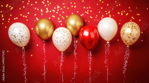 Red and White Balloons with Golden Confetti on a Vibrant Red Background. Birthday and Christmas concept. photo