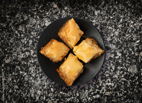 Baklava Set Top View, Ramadan Dessert, Eastern Sweet Filo Pastries, Honey Baklawa, Oriental Desert photo