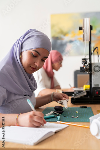 Two women in hijabs work in a 3D printing lab, one taking measurements while the other focuses on her laptop. The scene captures a blend of digital and physical workspaces. photo