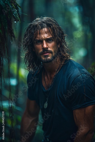 A muscly handsome man wearing jeans and a black t-shirt with long hair.