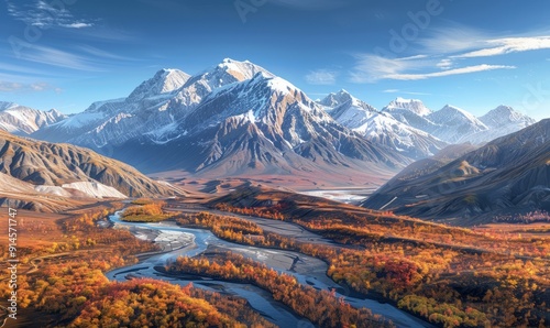 Snow-capped mountains under a clear autumn sky, vibrant slopes painted with reds and golds, crystal-clear rivers meandering through valleys