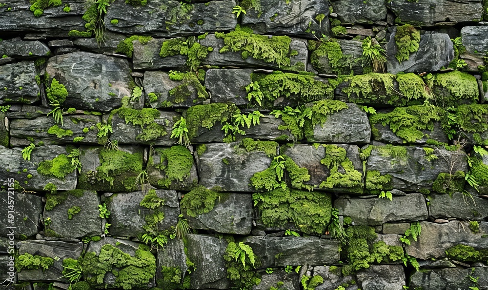 Stone wall covered in green moss texture with room for text