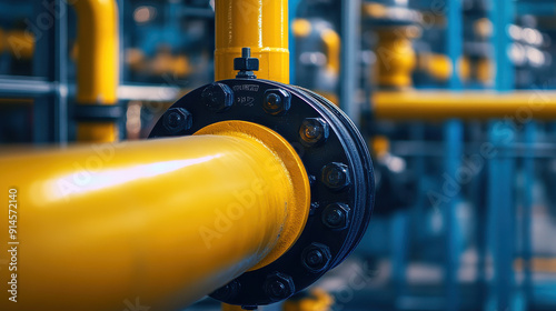 A yellow pipeline fitted with a flange and bolts is featured in an industrial setting with numerous pipes in the background, showcasing engineering and mechanical excellence.