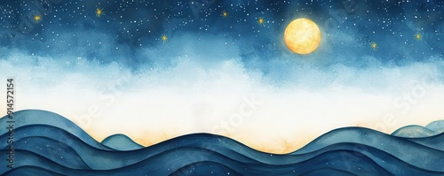 Watercolor depiction of an ocean scene at night with waves, a moon and a starry sky.
