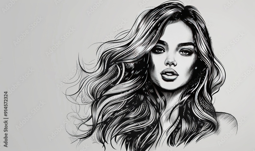 stylish girl woman fashion model with wavy hair sketch engraving generative ai fictional character raster illustration. Scratch board imitation. Black and white image stylish girl woman fashion model with wavy hair sketch engraving generative ai fictional character raster illustration. Scratch board imitation. Black and white image