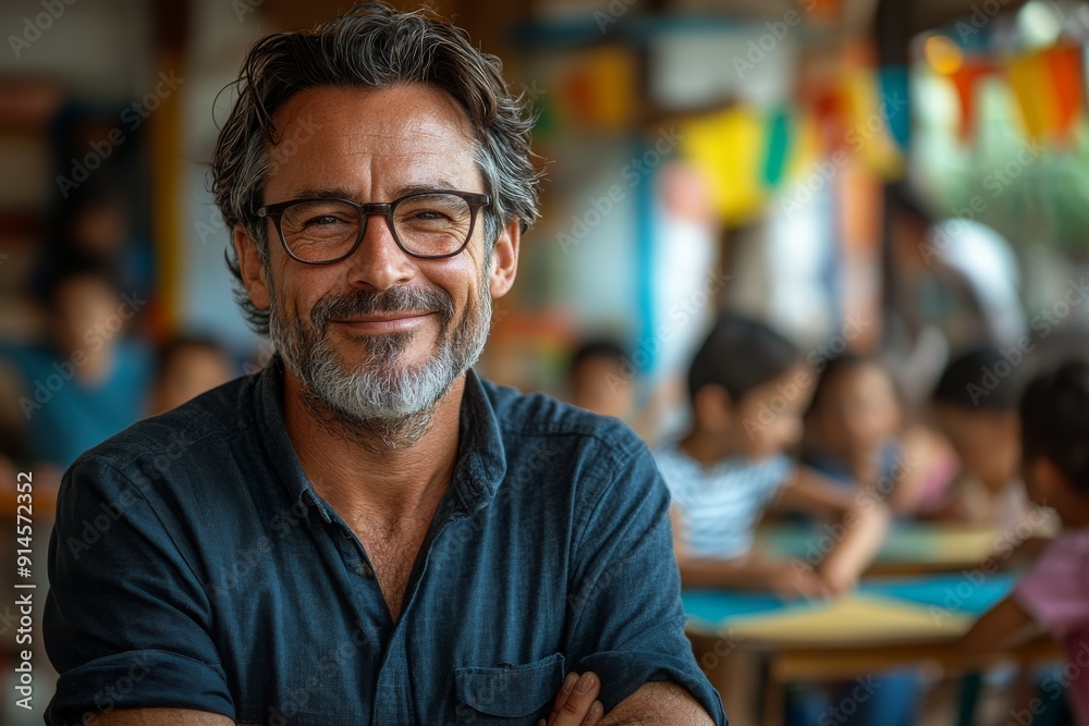 Portrait of smiling male teacher in a class at school. Portrait of smiling male teacher in a class at school.